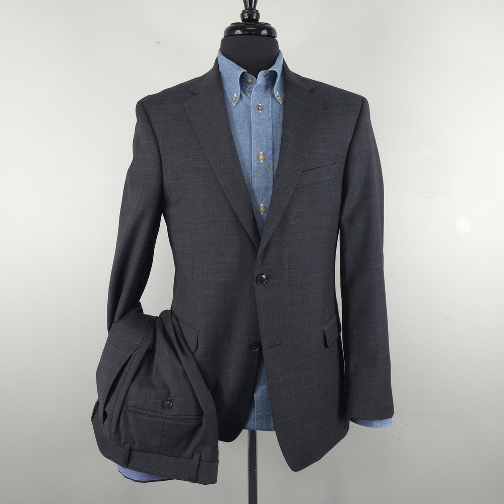 Tommy Hilfiger Suit Mens 40R 34x33 Gray Plaid Wool Blend 2 Piece Stretch Formal